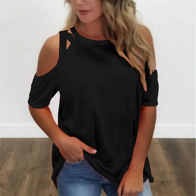 College Short Sleeve TopsWomen Tops Clothes Fashion Cross Off-the-shoulder Shirt Casual Round Neck Short Sleeve Blouse Solid Color