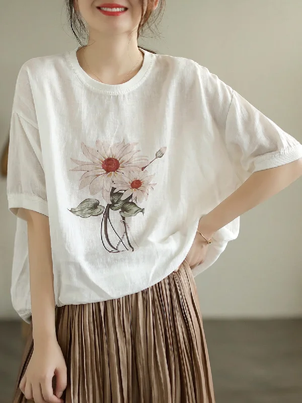 Bamboo Short Sleeve TopsPlus Size Women Linen Casual Summer Flower Short Sleeve T-Shirt