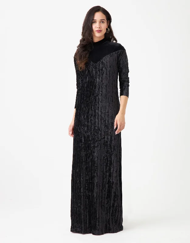 Vertical Textured Combination Velvet Maxi Dress Shabbos Robe with Back Zip