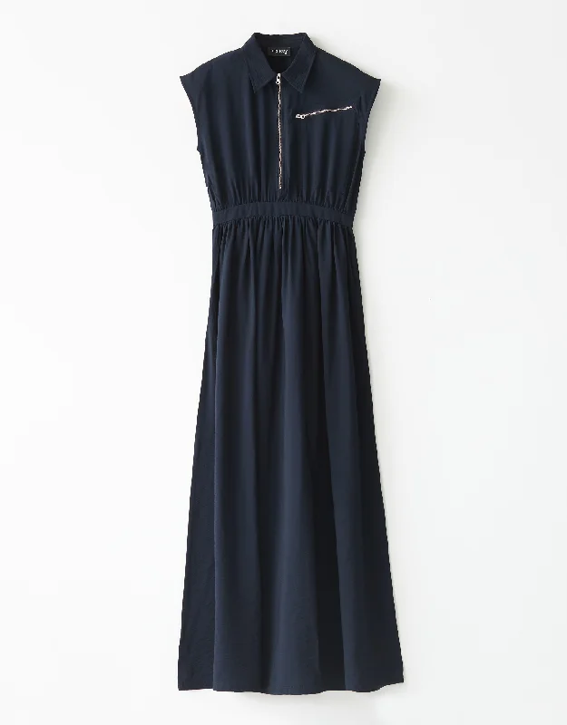 Textured Sleeveless Maxi Dress Shabbos Robe with Zipper Trim Navy