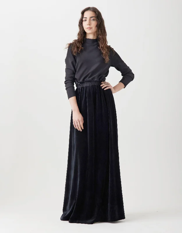 Velour Maxi Dress Shabbos Robe with Attached Jersey Overlay Bungee Top Black