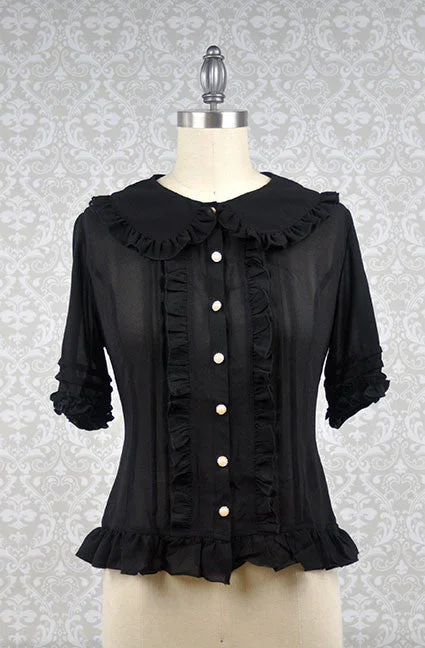 Fleece Short Sleeve TopsPeter Pan Collar Short Sleeve Blouse in Black (Multiple Sizes)