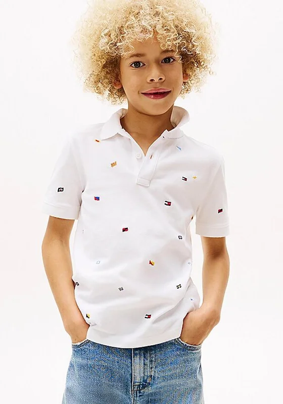 Cropped Short Sleeve TopsTommy Hilfiger Kid Boy Flag Embroidery Short Sleeve Polo, White