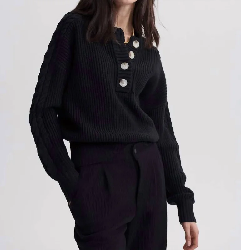 Vera Button Neck Sweater In BlackOutdoor Knit Tops