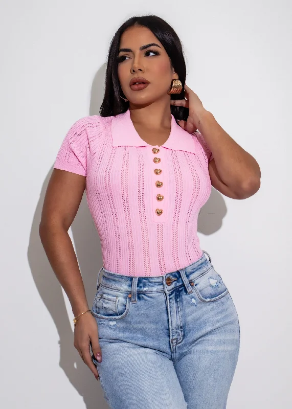 Elegant Essentials Knit Polo Long Top PinkCropped polo shirt