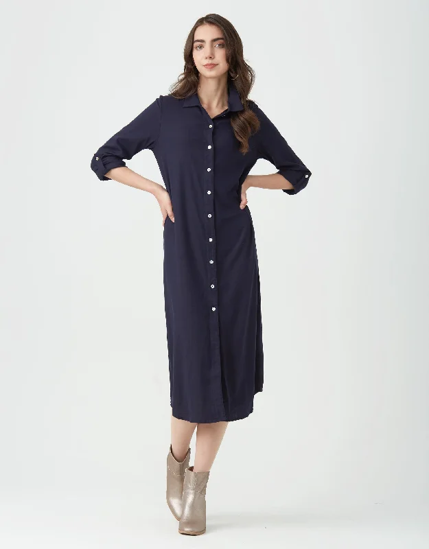 Linen Button Down Dress with Tabbed Sleeves Navy