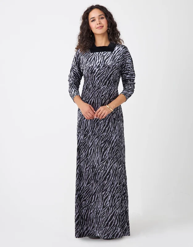 Crushed Velvet Square Neck Maxi Dress Shabbos Robe Gray Zebra