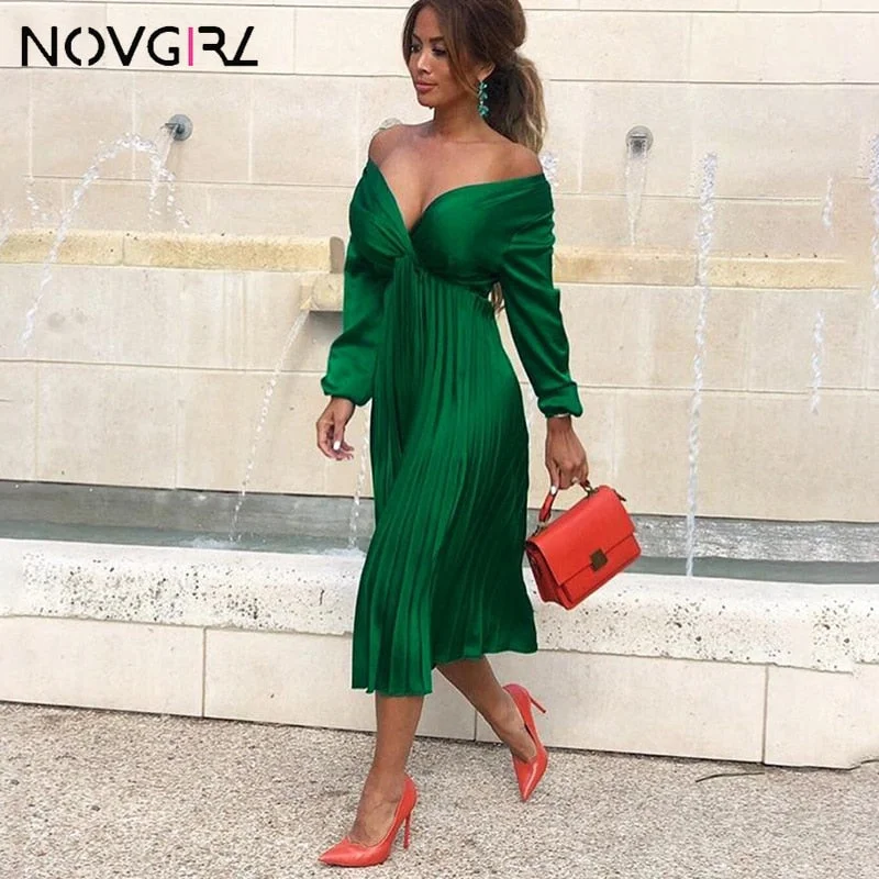 Novgirl Elegant Fit And Flare Pleated Satin Dress Women 2019 Summer Autumn Off Shoulder Long Sleeve Ladies Casual Green Vestidos