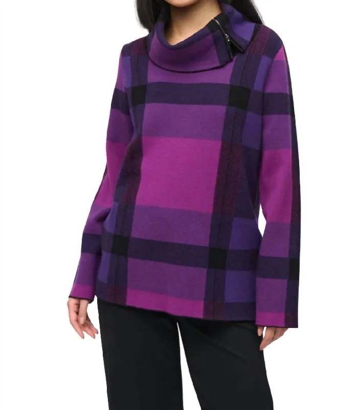 Plaid Jacquard Cowl Neck Lds Sweater In Mystic/empress/blackOversized Knit Tops