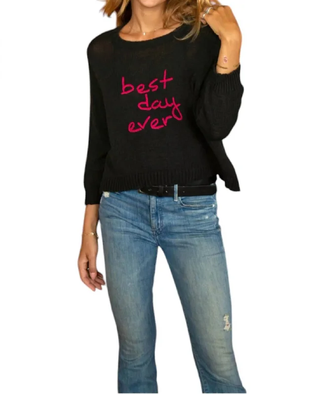 Best Day Ever Crew Cotton Sweater In BlackGraphic Knit Tops