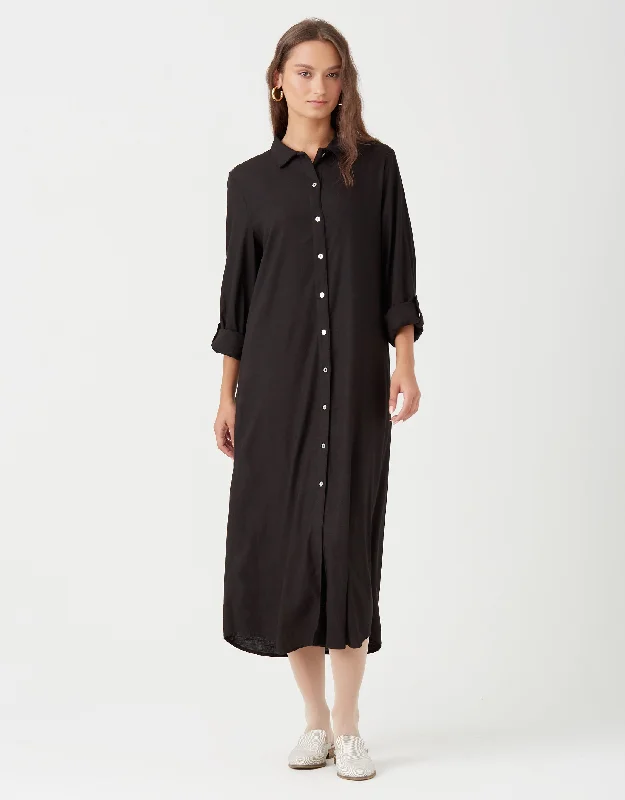 Linen Button Down Dress with Tabbed Sleeves Black