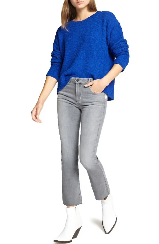 Teddy Knit Textured Crew Neck Sweater In BlueLeather-Paneled Knit Tops