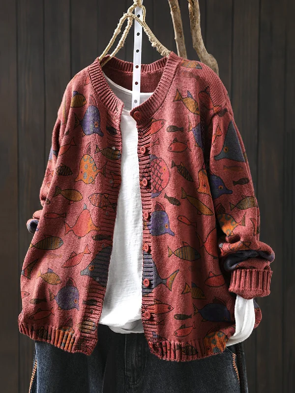 Convertible cardiganWomen Autumn Fish O-Neck Cotton Cardigan Sweater