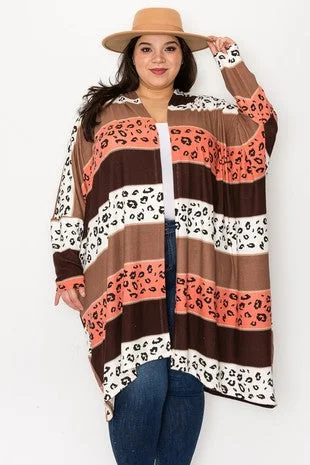 Casual cardiganBrown Coral Leopard Stripe Open Front Cardigan