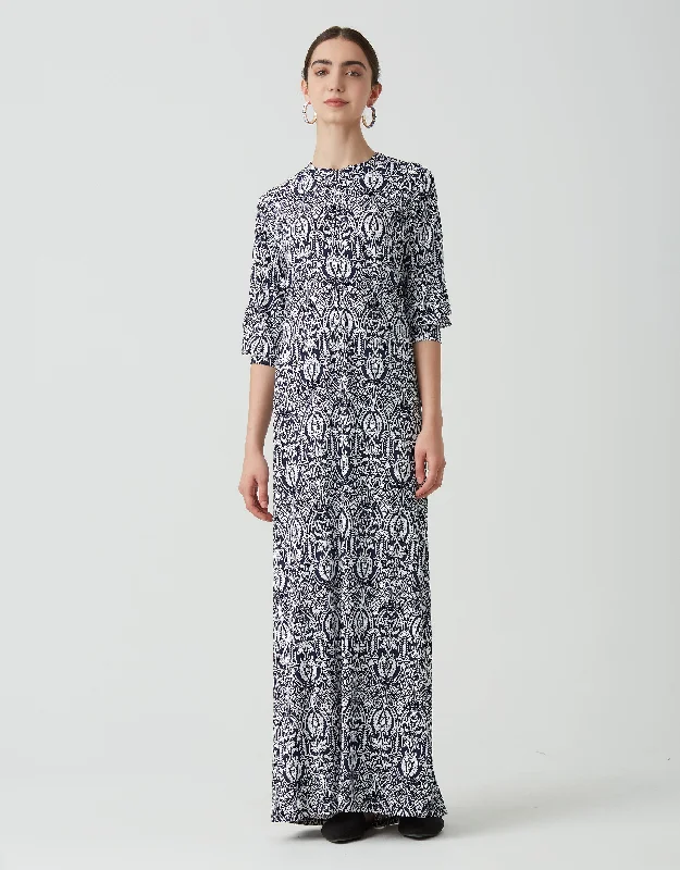 Tall Cuff Zip Front Maxi Dress Shabbos Robe Paisley Leaves blue White