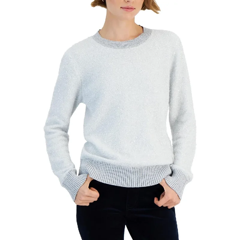 Womens Metallic Long Sleeve Crewneck SweaterSummer Knit Tops