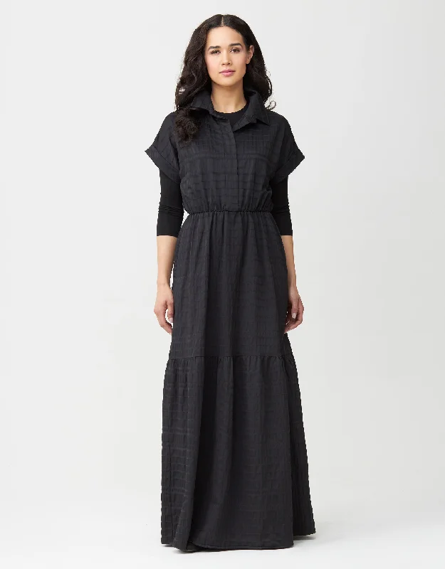 Cotton Seersucker Tiered Shirtdress Maxi Dress Shabbos Robe Black