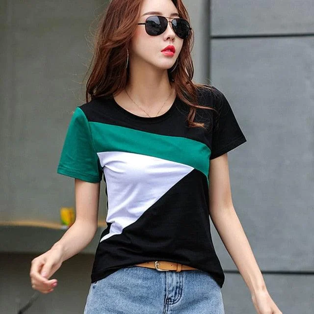 Logo Short Sleeve TopsSlim Summer Tops - New Fashion Women Short Shirt - Stitching Round Neck Short Sleeve Women Tops and Blouse (D19)(TB2)