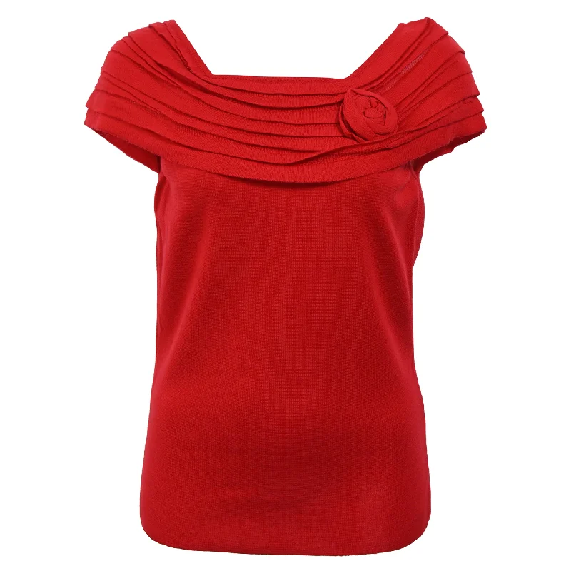 RED Valentino Knitted Rose Detail Off-Shoulder Top in Red WoolWinter Knit Tops