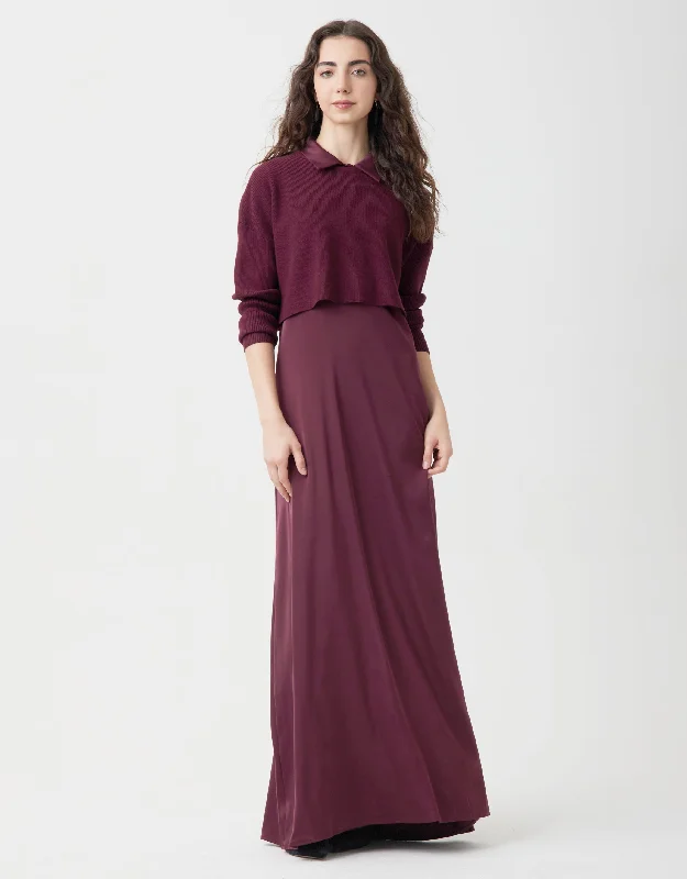 Lined Satin Sleeveless Maxi Shirt Dress Shabbos Robe With Crop Top Wine