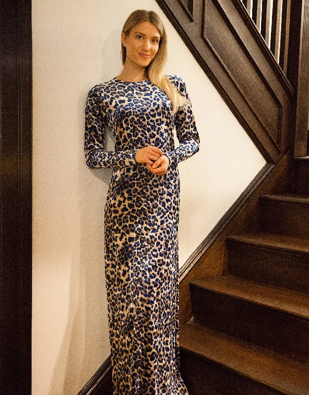 JackieO Velvet Animal Print Maxi Dress Shabbos Robe Cobalt