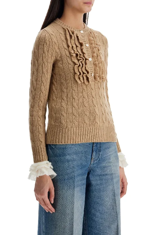 Valentino Garavani Beige And Ivory Cable Knit Crew Neck SweaterWinter Knit Tops