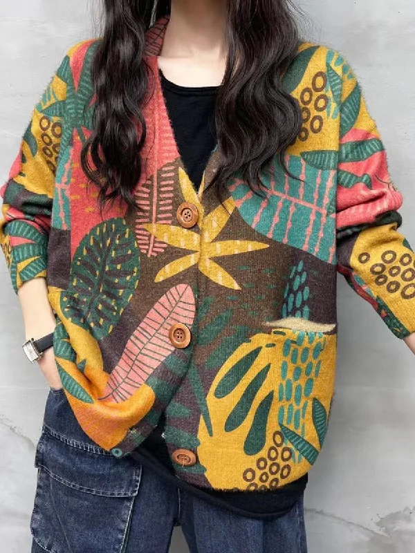 Evening cardiganWomen Winter Casual Leaf Print V-Neck Cardigan Sweater