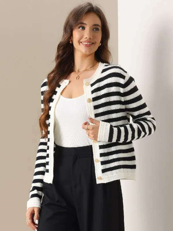 Geometric cardiganKnitted Striped Button Up Long Sleeves Cardigan