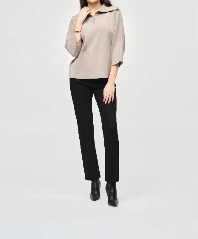 Jacquard Zip Collared Sweater In Taupe MelangeCollege Knit Tops