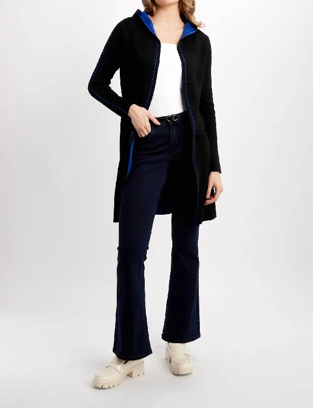 Organic cardiganHooded Long Sleeve Cardigan In Black (Has Blue Lining)