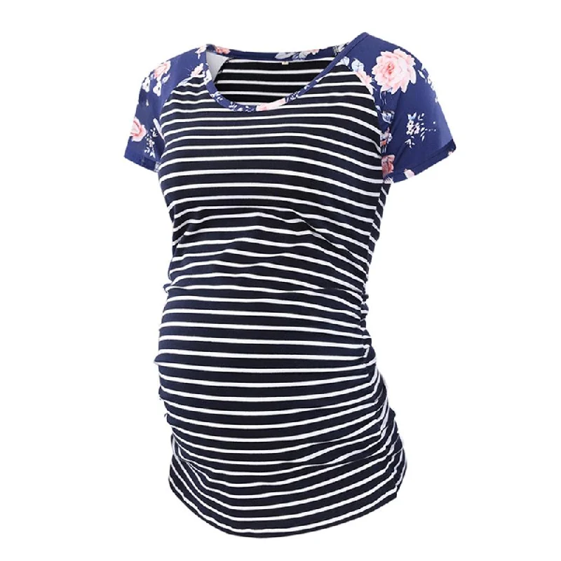 Retro Short Sleeve TopsMaternity Print Striped Top - Pregnancy T-Shirt - Casual Short Sleeve - Tee Summer Maternity Clothes (1U4)(Z1)