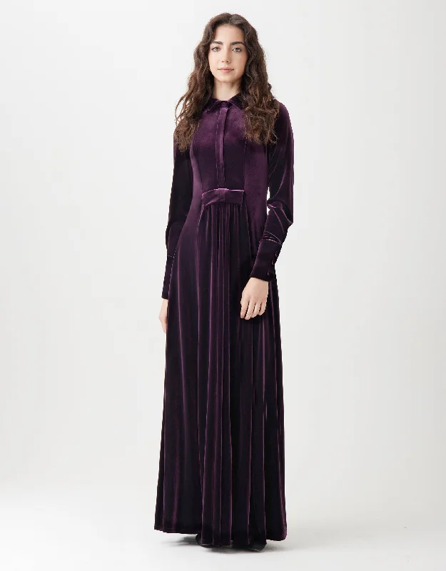 Velvet Tall Cuff Maxi Dress Shabbos Robe with Bow Inset Purple