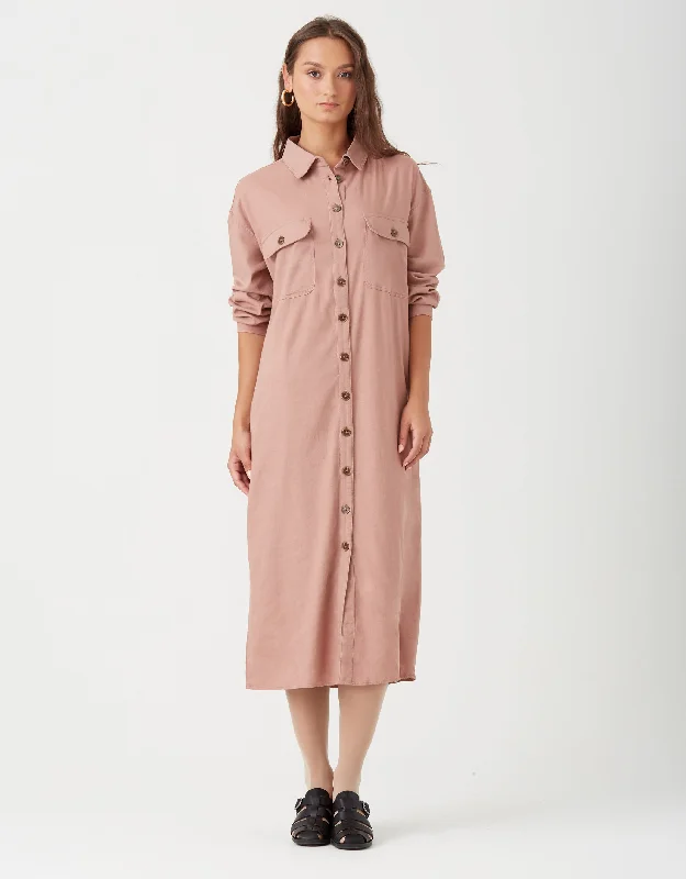 Linen Button Down Dress with Cargo Pockets Rose