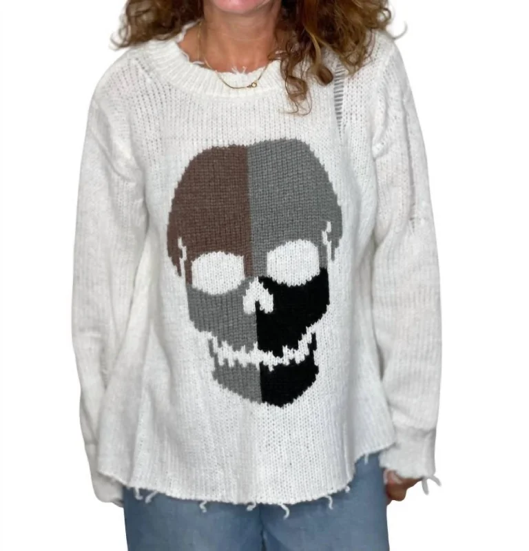 Colorblock Skull Crew Sweater In WhiteCamping Knit Tops