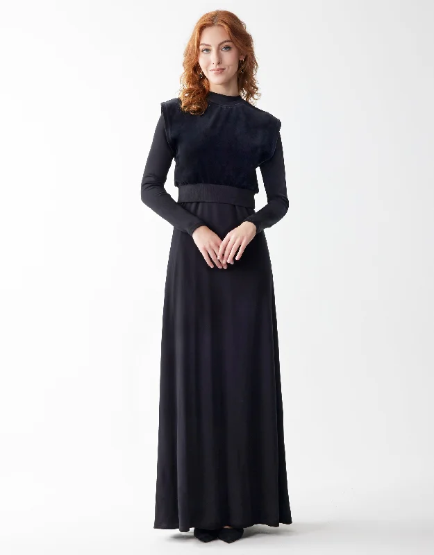 Ponte Mock Neck Long Sleeve Maxi Dress Shabbos Robe with Velour Midriff Vest