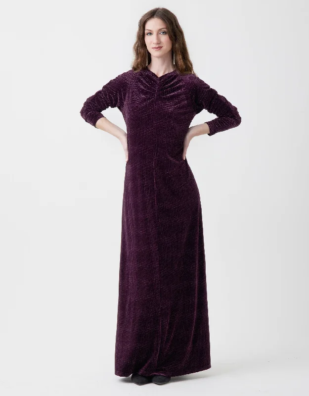 Textured Velvet Dolman Maxi Dress Shabbos Robe with Center Shirring Purple