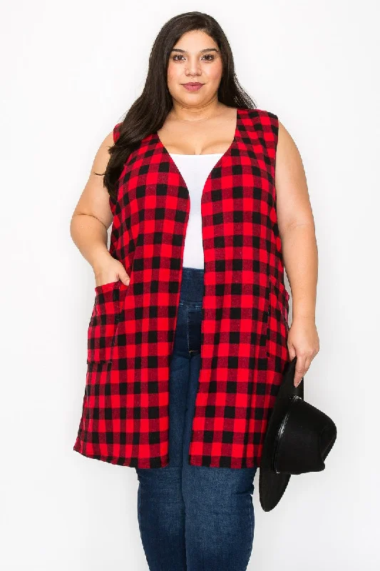 Layered cardiganRed & Black Plaid Open Front Vest Cardigan