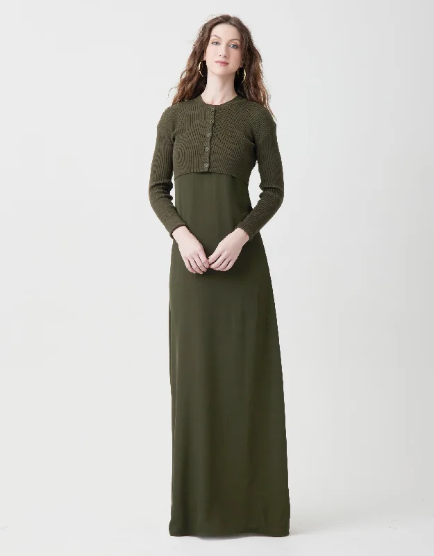 Lined Satin Sleeveless Maxi Crew Dress Shabbos Robe With Ribbed Cardi Olive