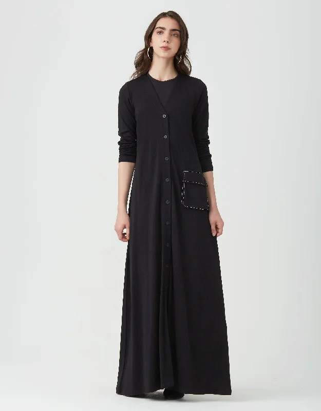 Jersey Button Down Vneck Maxi Dress Shabbos Robe with Contrast Stitched Cargo Pocket Black