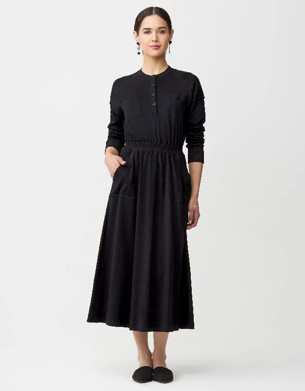 Jersey Dolman Midi Dress with Buttons and Patch Pockets