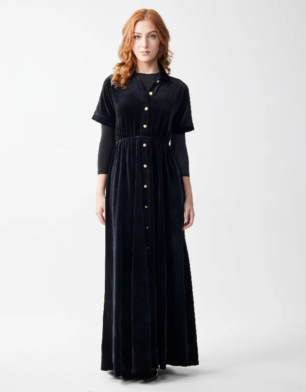 Velour Maxi Dress Shabbos Robe With Gold Buttons