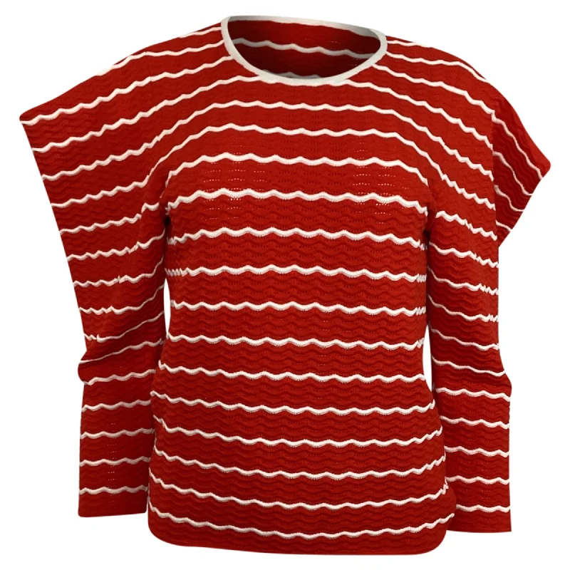 Carolina Herrera Ruffled Striped Pointelle-Knit Top in Red ViscoseFall Knit Tops