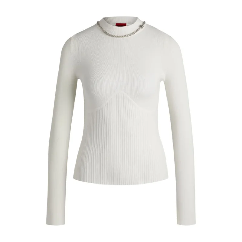 Mock-neck sweater with chain collar trimHigh-Fashion Knit Tops