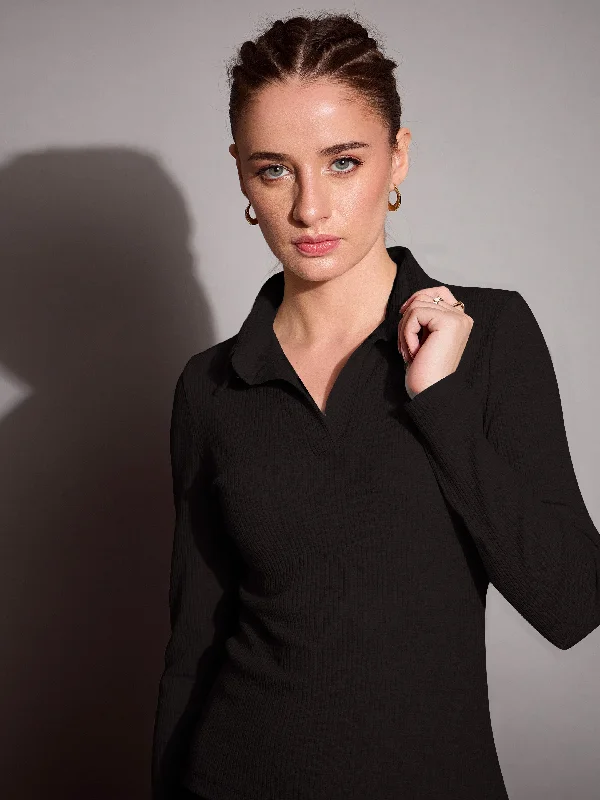 Women Black Rib Polo Neck TopCashmere polo shirt