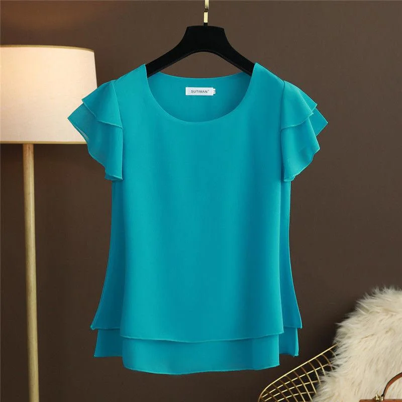 Punk Short Sleeve TopsNew Summer Women Blouse - Loose O Neck Chiffon Shirt - Female Short Sleeve Blouse - Plus Size 6XL (TB1)(F19)