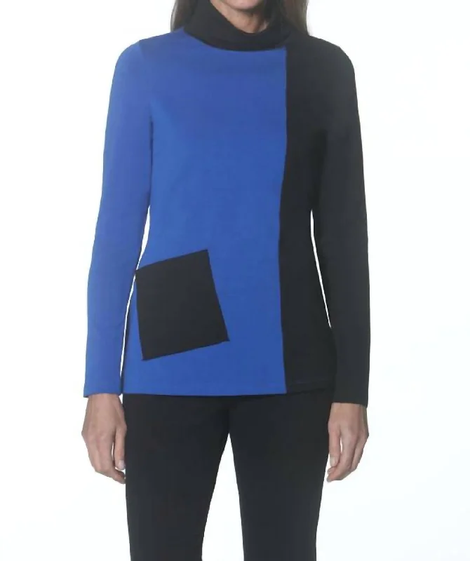 Two Tone Cowl Neck Top In Electric Blue/blackGlitter Knit Tops