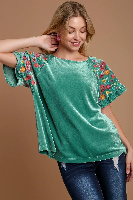 Cotton Short Sleeve TopsTurquoise Velvet Embroidery Short Sleeve Blouse