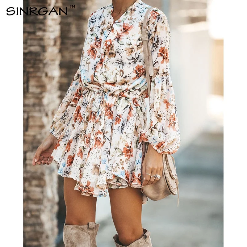 SINRGAN Women Floral Sashes Shirt Dress Beach Ladies Loose Short Korean Dress Autumn 2019 Waist Steetwear