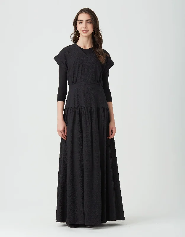 Drop Waist Sleeveless Textured Maxi Dress Shabbos Robe Black