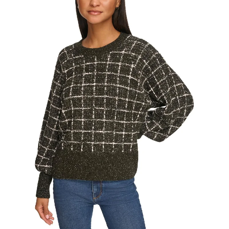 Womens Metallic Plaid Crewneck SweaterFrench Terry Knit Tops